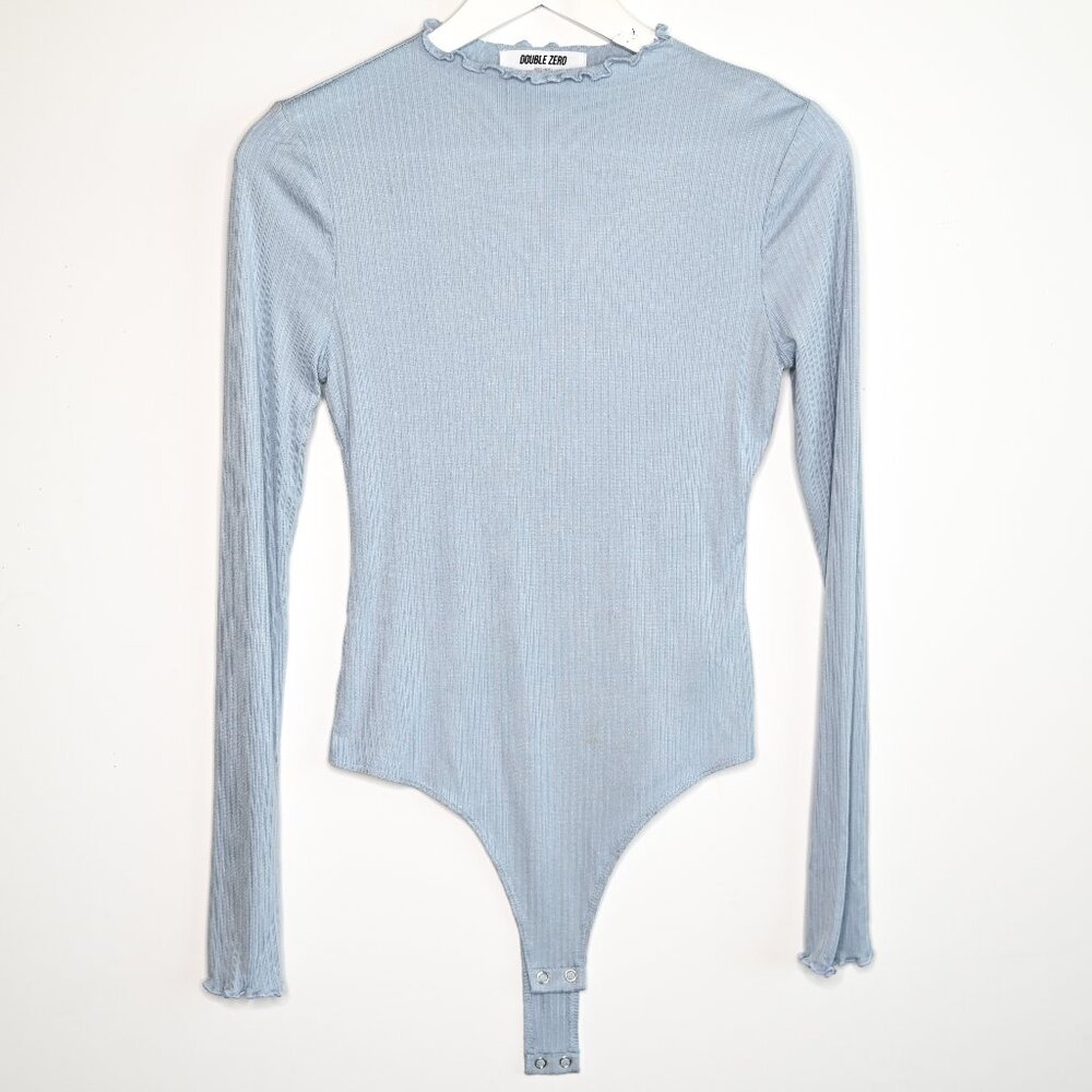 DOUBLE ZERO Light Blue Long Sleeve High Neck Bodysuit Top - Size Small